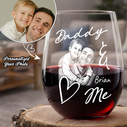 Custom Photo Daddy Love Me Stemless Wine Glass, Personalized Gift for Dad from Kids THUC99