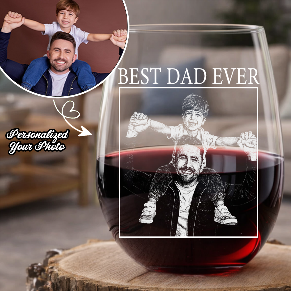 Custom Photo Best Dad Ever Wine Glass, Father's Day Gift for Dad from Kids THUC99