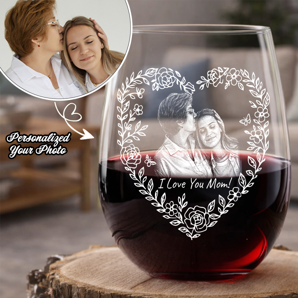 Custom Photo Mother's Day Heart Shape Wine Glass, Personalized Mom Gift THUC99