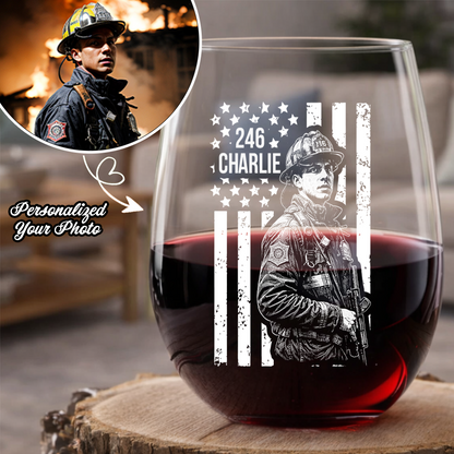 Custom Photo Firefighter American Flag Stemless Wine Glass, Personalized Firefighter Gift THUC99