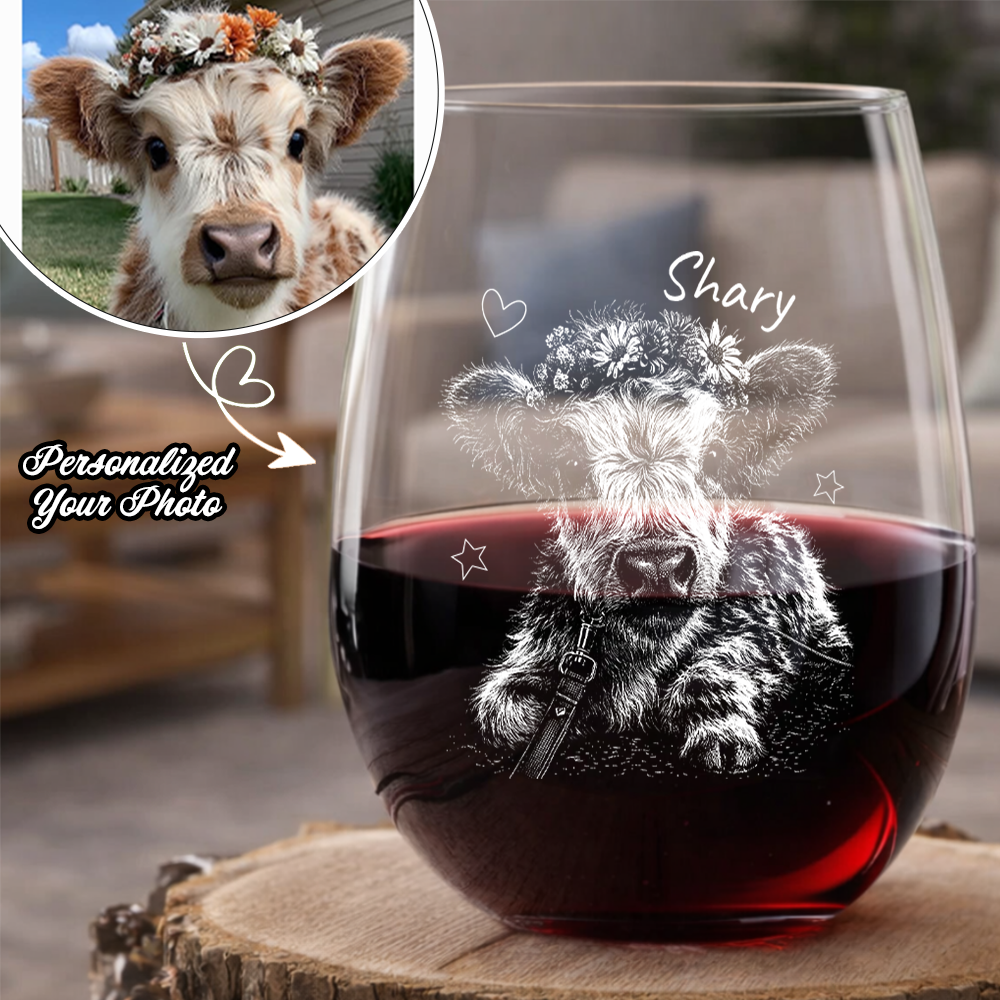 Custom Photo Highland Cow Stemless Wine Glass, Personalized Cow Lover Gift for Her THUC99
