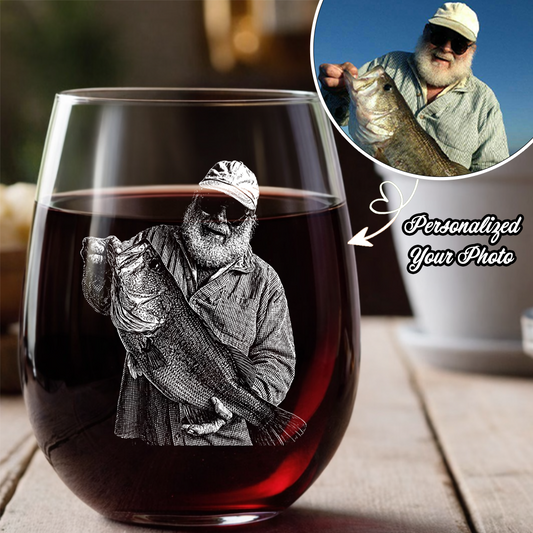 Custom Photo Fishing Memorial Stemless Wine Glass, Personalized In Loving Memory Gift THUC99