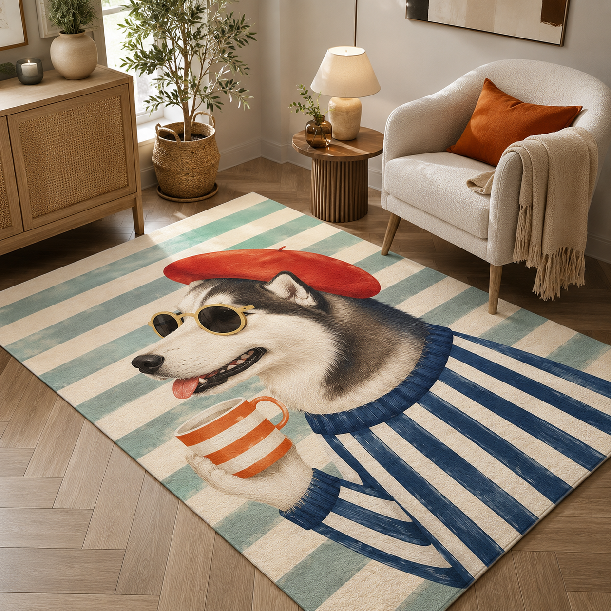 Custom Photo Stripe Dog Area Rug | Gift For Dog Lovers