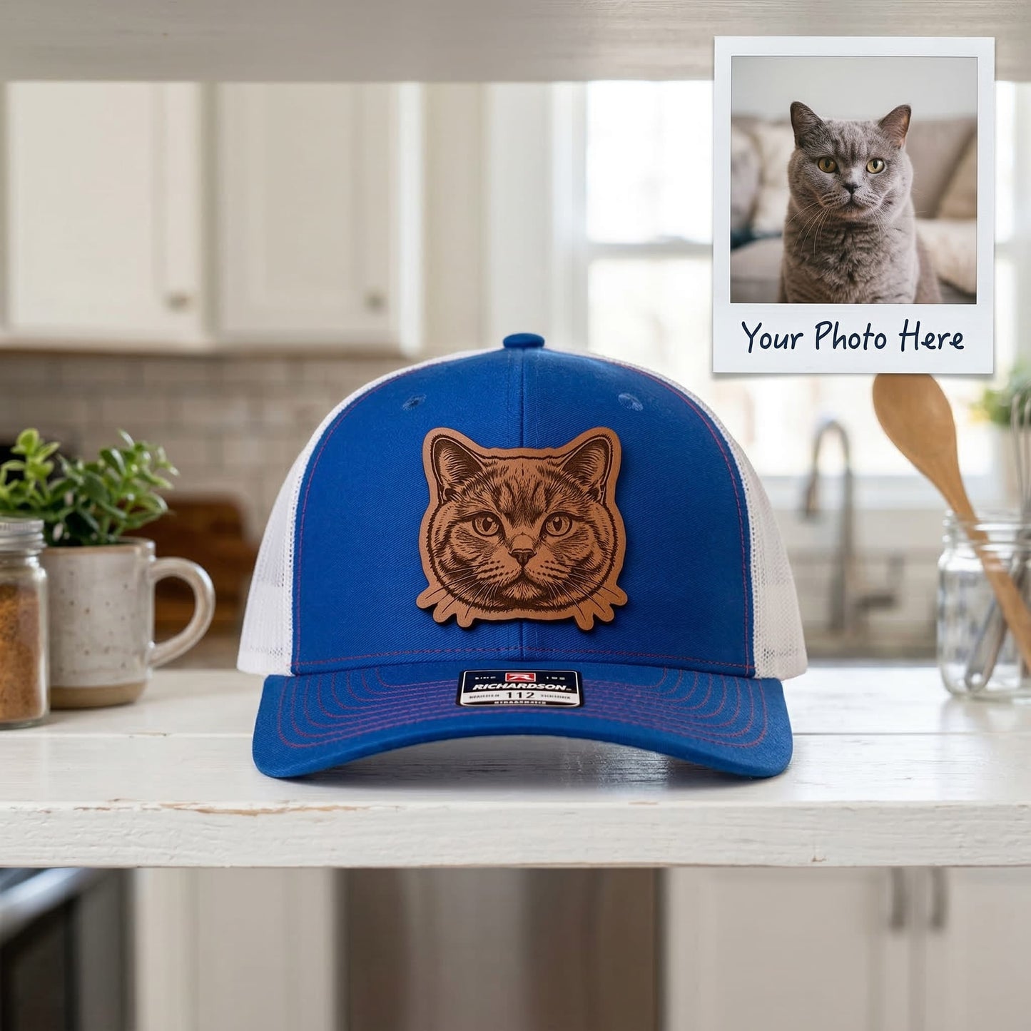 Custom Photo Cat Leather Patch Trucker Hat – Photo Cat Trucker Hat | Cat Memorial Gifts | Gift For Cat Lovers