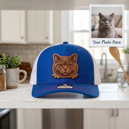 Custom Photo Cat Leather Patch Trucker Hat – Photo Cat Trucker Hat | Cat Memorial Gifts | Gift For Cat Lovers