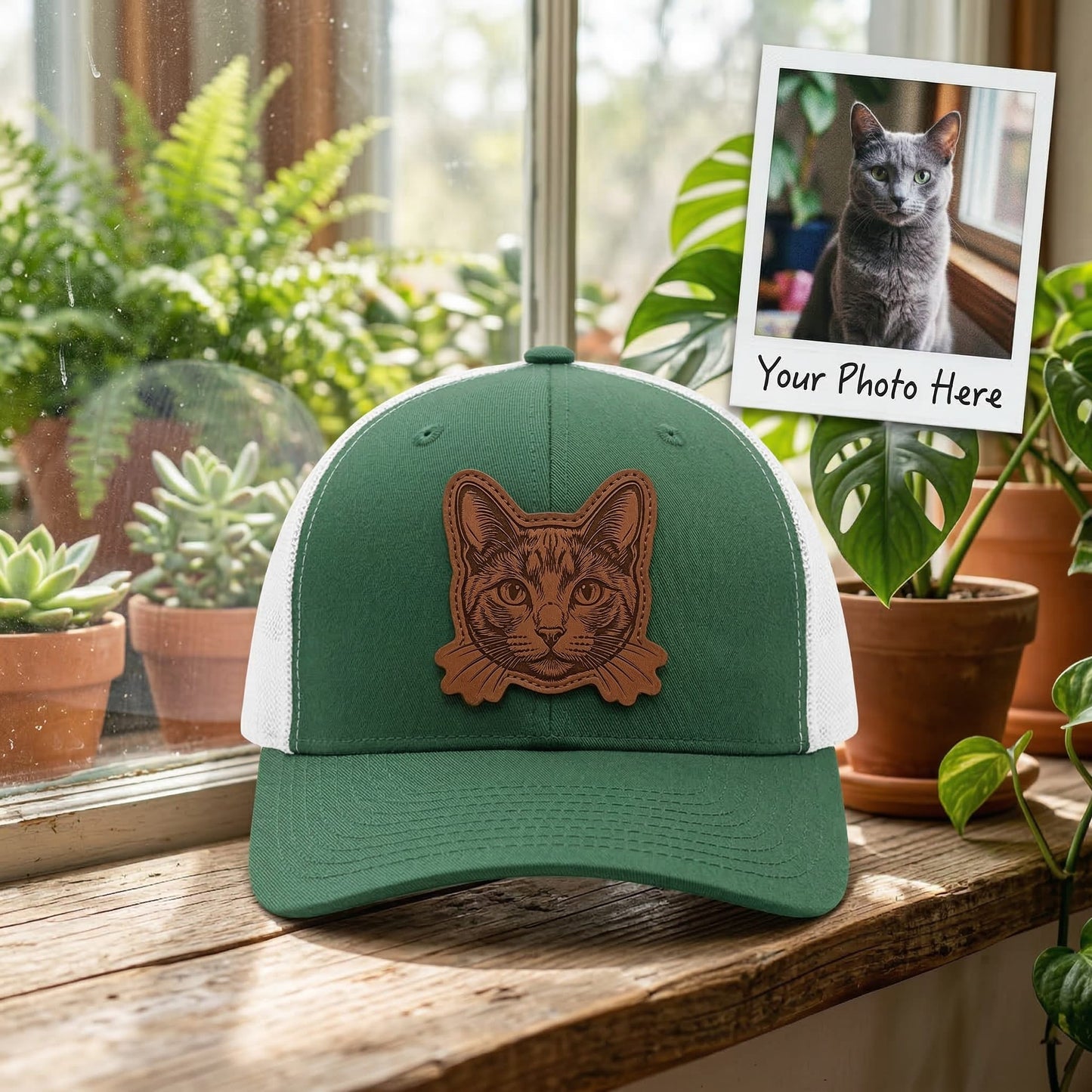 Custom Photo Cat Leather Patch Trucker Hat – Photo Cat Trucker Hat | Cat Memorial Gifts | Gift For Cat Lovers