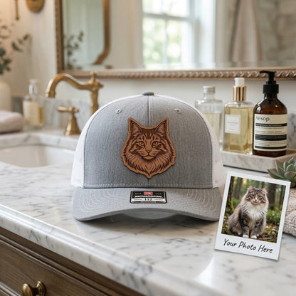 Custom Photo Cat Leather Patch Trucker Hat – Photo Cat Trucker Hat | Cat Memorial Gifts | Gift For Cat Lovers