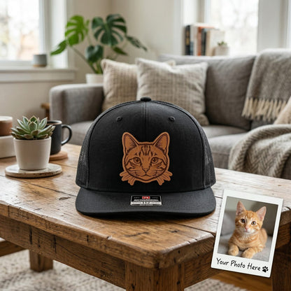 Custom Photo Cat Leather Patch Trucker Hat – Photo Cat Trucker Hat | Cat Memorial Gifts | Gift For Cat Lovers