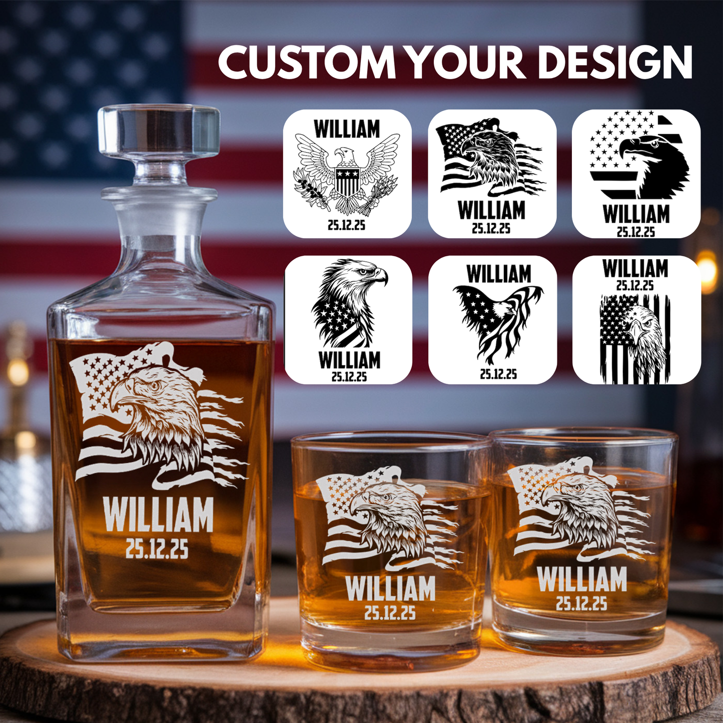 Custom Independence Day Gift, Patriotic Flag, Personalized Whiskey Decanter Set, Veteran Gift TND083