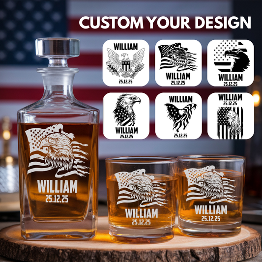 Custom Independence Day Gift, Patriotic Flag, Personalized Whiskey Decanter Set, Veteran Gift TND083