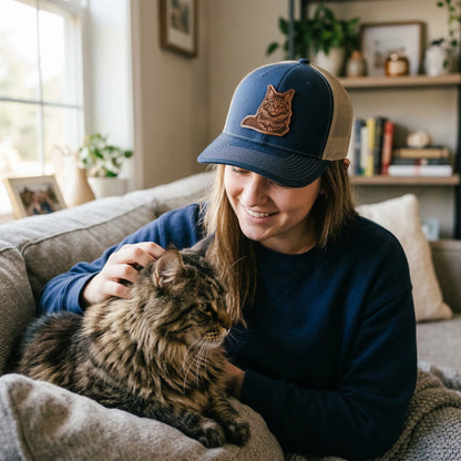 Custom Photo Cat Leather Patch Trucker Hat – Photo Cat Trucker Hat | Cat Memorial Gifts | Gift For Cat Lovers