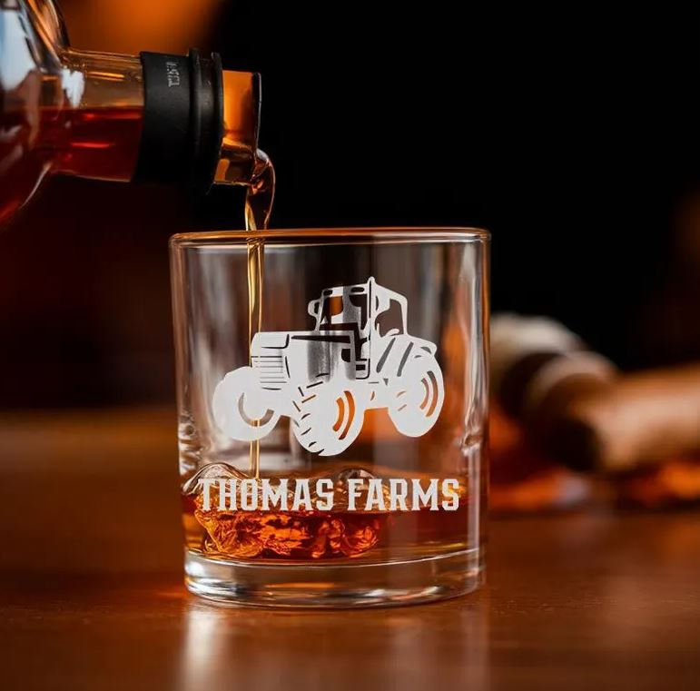 Custom Farm Name Whiskey Glass | Tractor Glass | Personalized Whiskey Glass