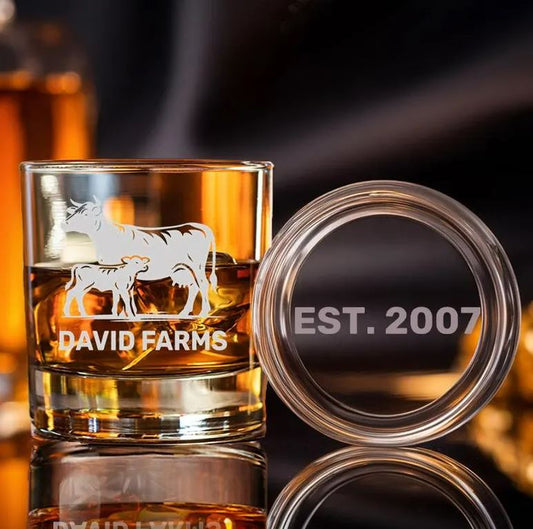 Custom Farm Name Whiskey Glass | Cow and Calf Glass | Personalized Whiskey Glass