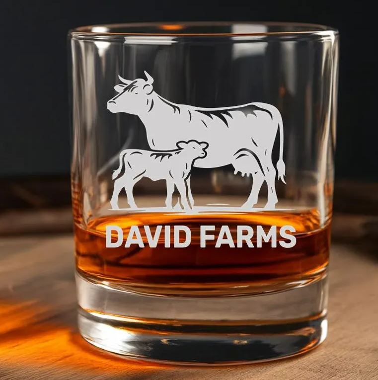 Custom Farm Name Whiskey Glass | Cow and Calf Glass | Personalized Whiskey Glass