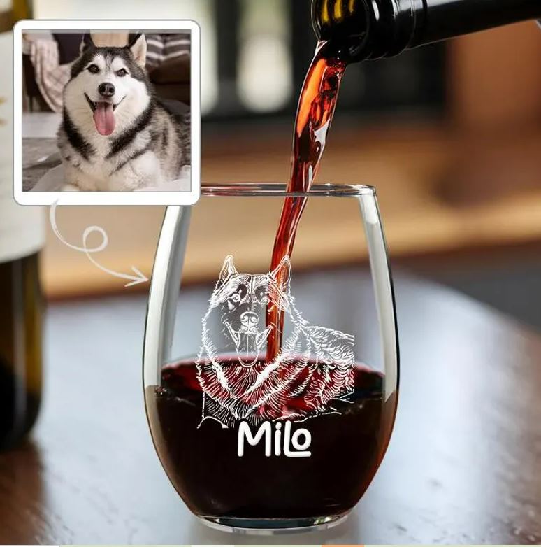 Custom Photo Pet Stemless Wine Glass | Personalized Gift for Pet Owners | Engraved Wine Glass