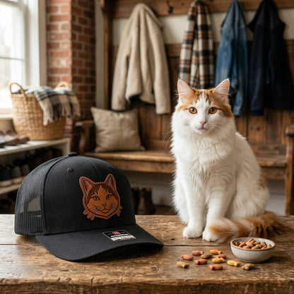 Custom Photo Cat Leather Patch Trucker Hat – Photo Cat Trucker Hat | Cat Memorial Gifts | Gift For Cat Lovers