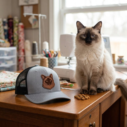 Custom Photo Cat Leather Patch Trucker Hat – Photo Cat Trucker Hat | Cat Memorial Gifts | Gift For Cat Lovers