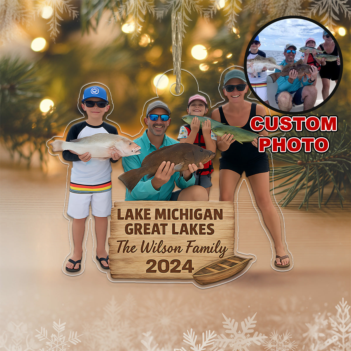 Custom Photo Fishing Lover Family Acrylic Ornament Christmas Gift
