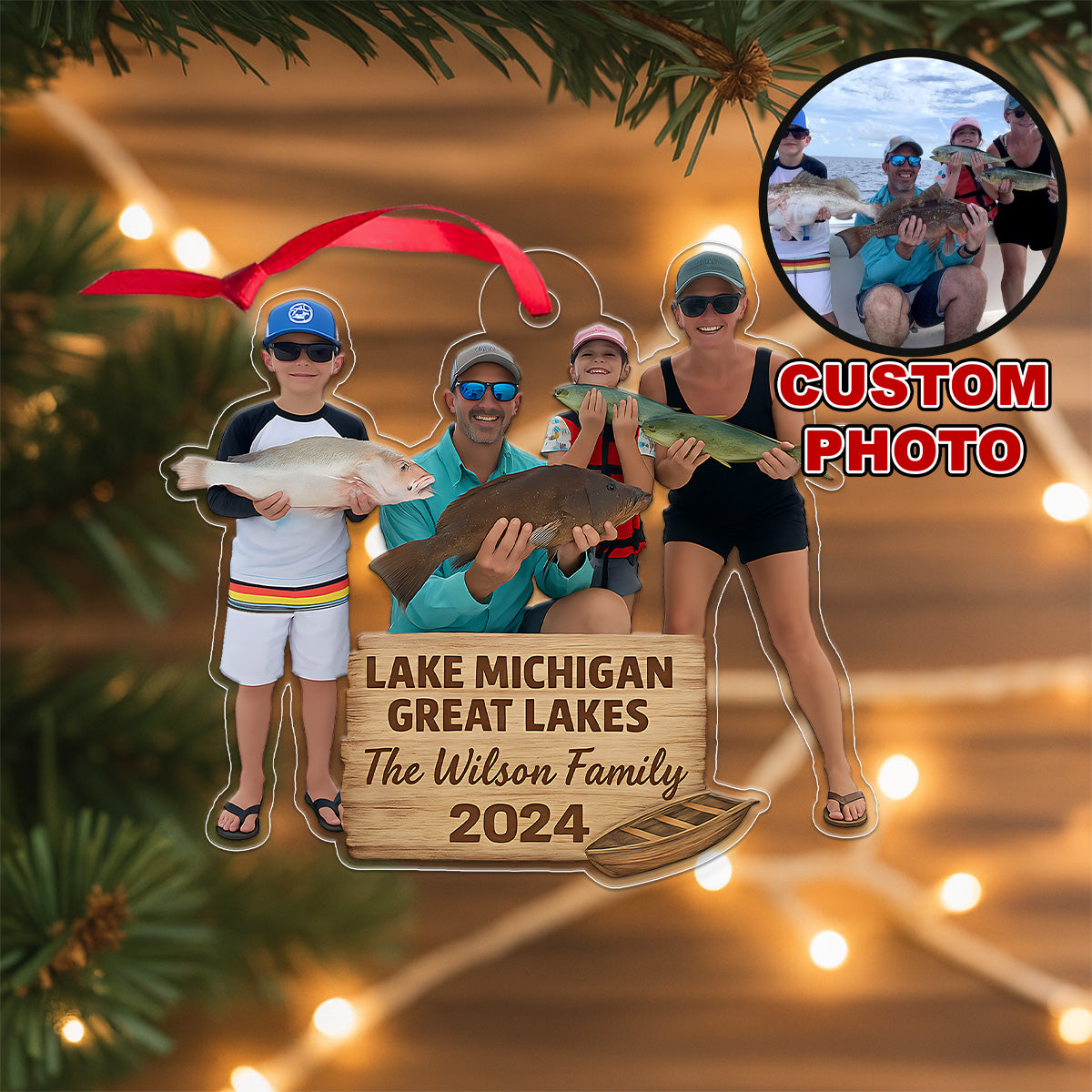 Custom Photo Fishing Lover Family Acrylic Ornament Christmas Gift