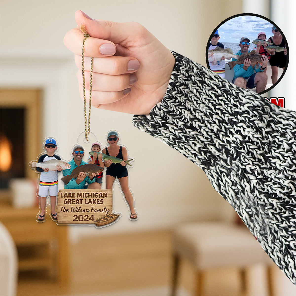 Custom Photo Fishing Lover Family Acrylic Ornament Christmas Gift