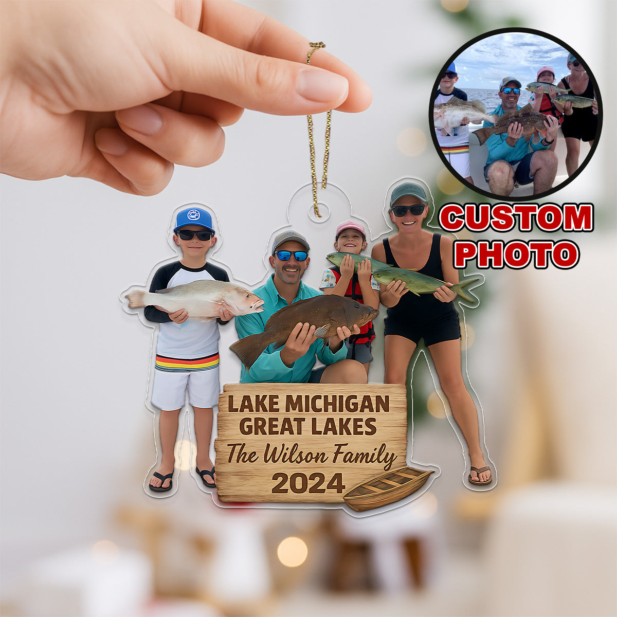 Custom Photo Fishing Lover Family Acrylic Ornament Christmas Gift
