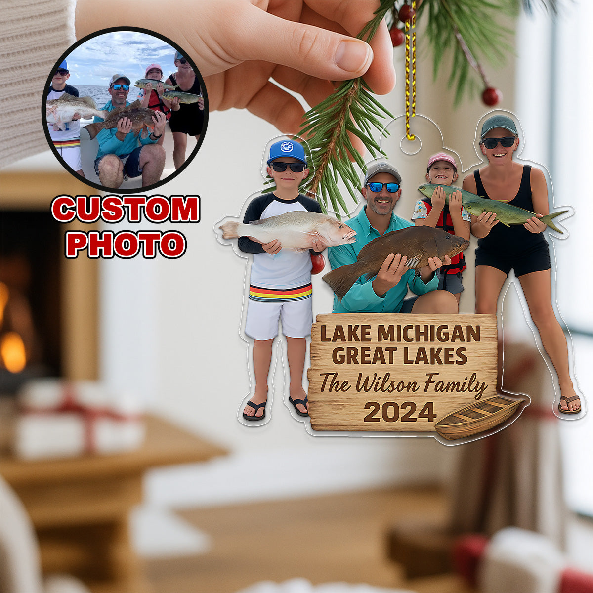 Custom Photo Fishing Lover Family Acrylic Ornament Christmas Gift