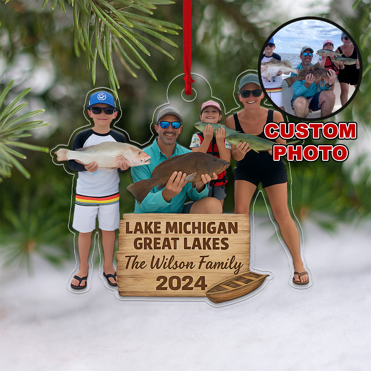 Custom Photo Fishing Lover Family Acrylic Ornament Christmas Gift