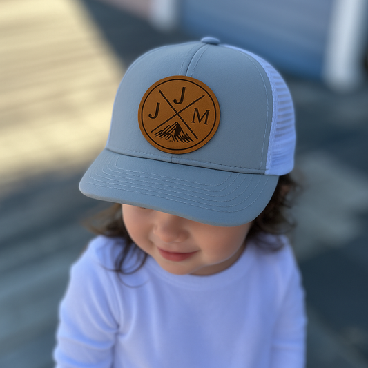 Personalized Initials Trucker Kid Hat with Mountain, Kids Custom Hats, Custom Infant Toddler Kids Youth Trucker Hat TNNK04