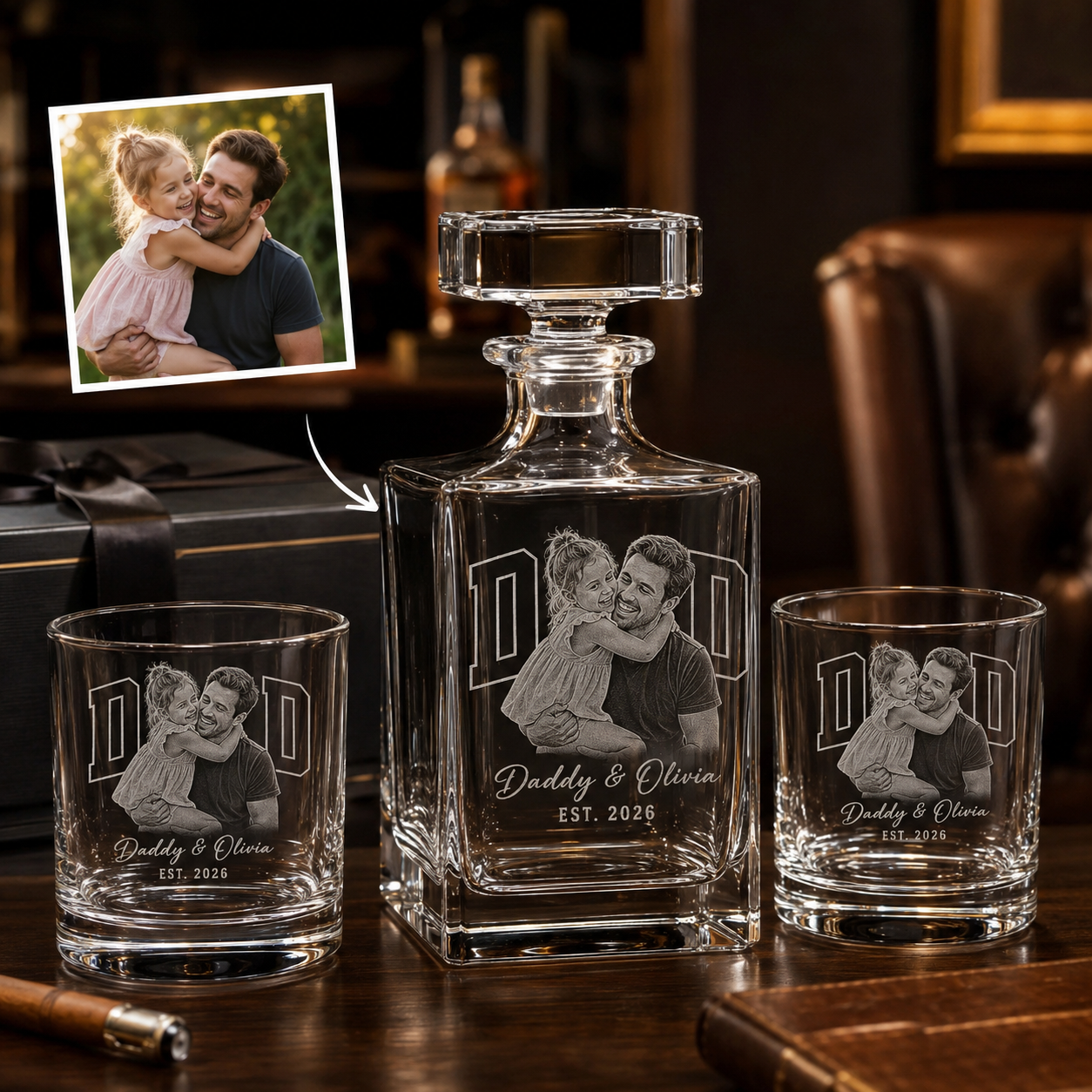 Custom Photo Dad Whiskey Decanter Set | Gift For Dad | Father's Day Gifts