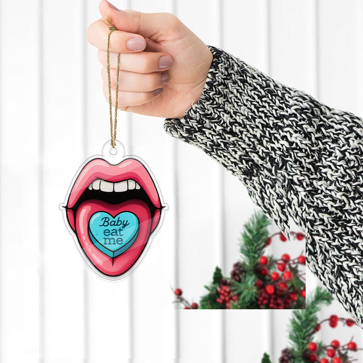 Funny Acrylic Ornament Eat Me Lips, Gift For Friends, Funny Ornament Gift, Spunky Decor, Adult Ornament, Lip Girl Ornament