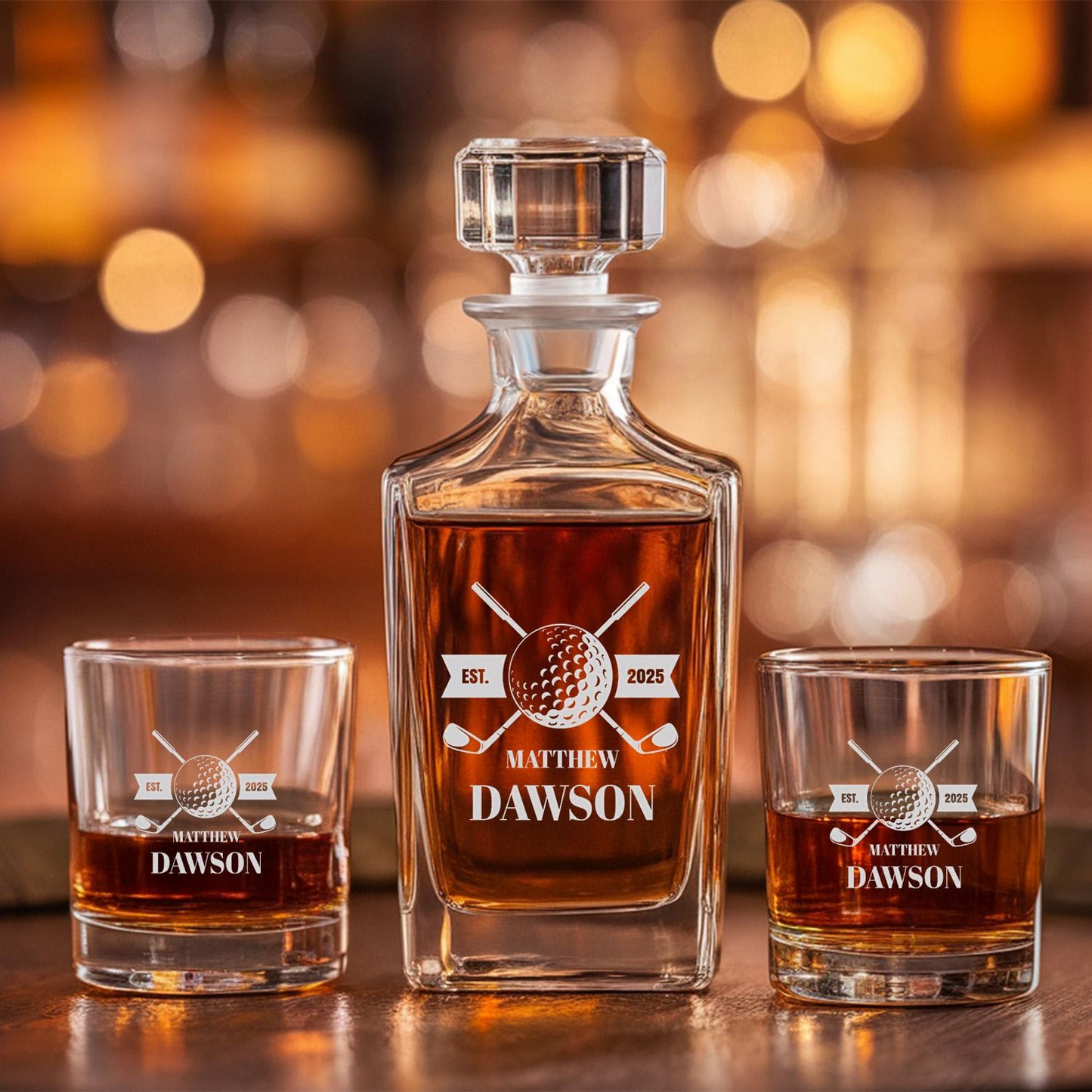 Golf Personalized Classic Whiskey Glass And Decanter Set | Engraved Gift For Retirement