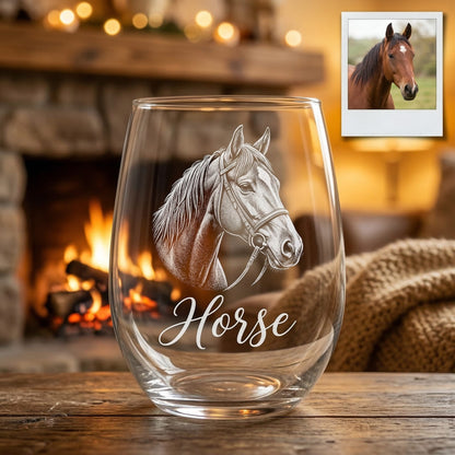 Custom Photo Horse Wine Glass | Personalized Horse Photo Stemless Wine Glass | Gift For Horse Lovers