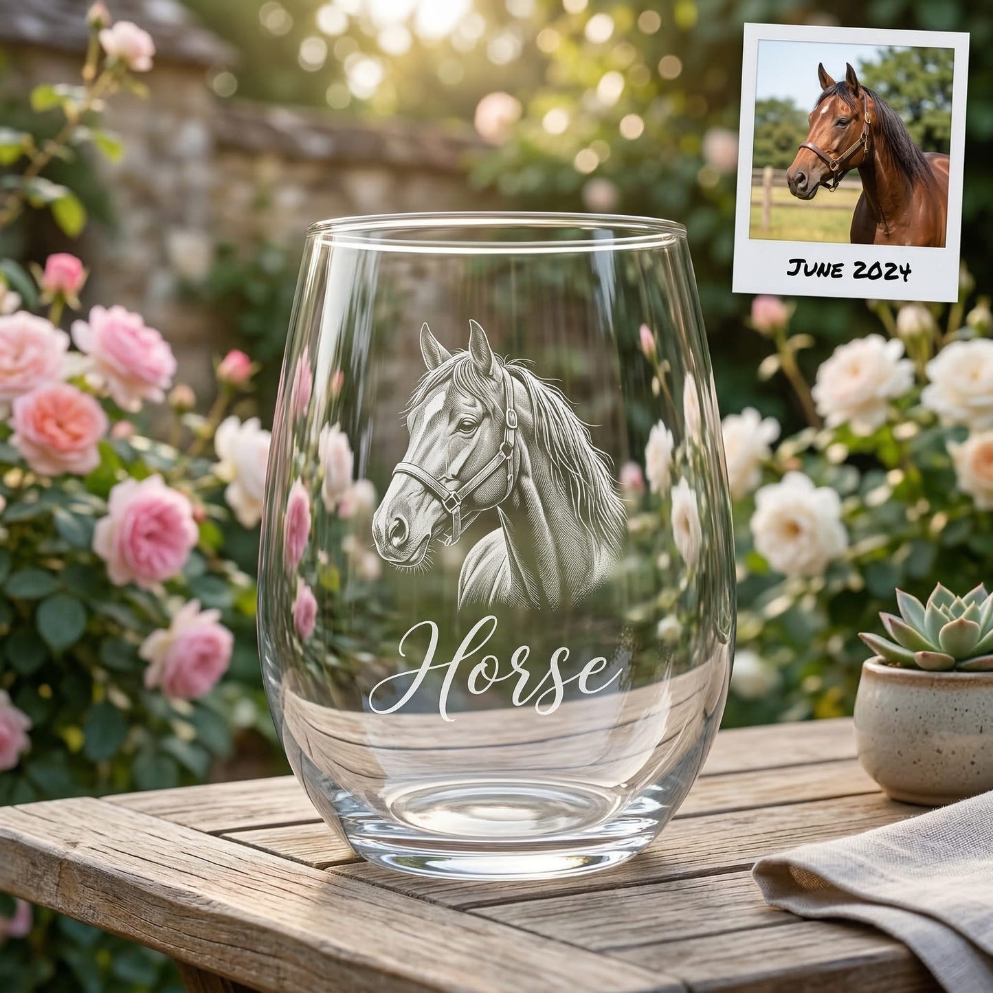 Custom Photo Horse Wine Glass | Personalized Horse Photo Stemless Wine Glass | Gift For Horse Lovers
