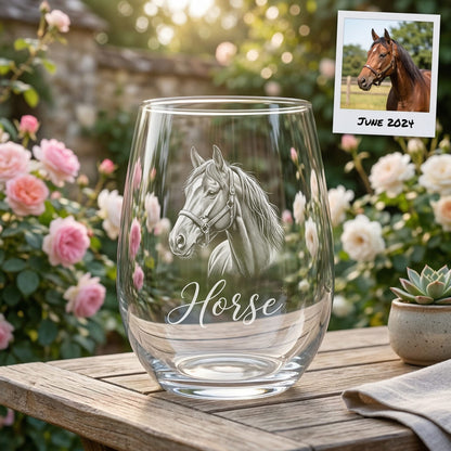Custom Photo Horse Wine Glass | Personalized Horse Photo Stemless Wine Glass | Gift For Horse Lovers