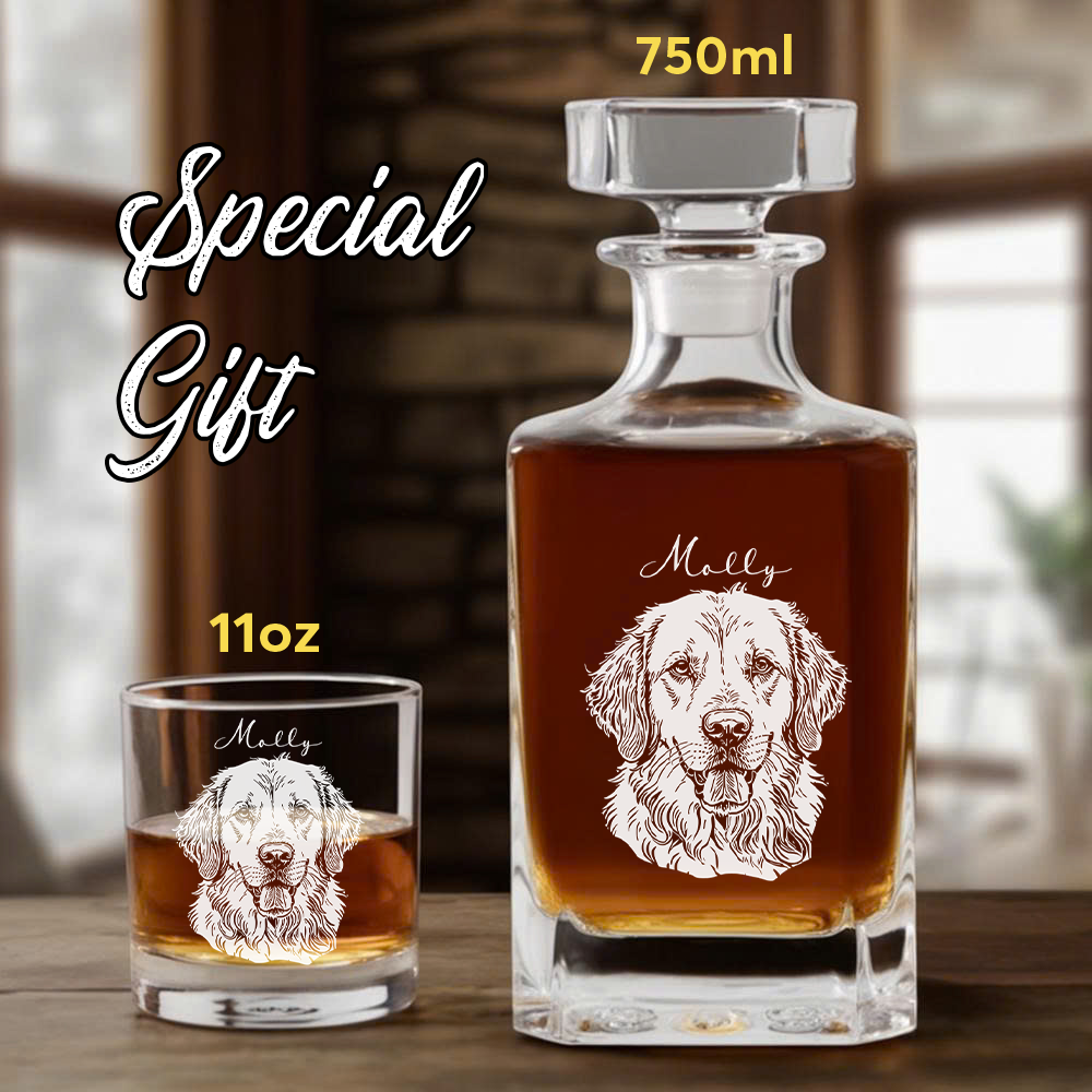 Custom Dog Portrait Whiskey Set – Engraved Decanter & Personalized 11oz Name Glass Gifts THUC99DP01