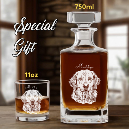 Custom Dog Portrait Whiskey Set – Engraved Decanter & Personalized 11oz Name Glass Gifts THUC99DP01