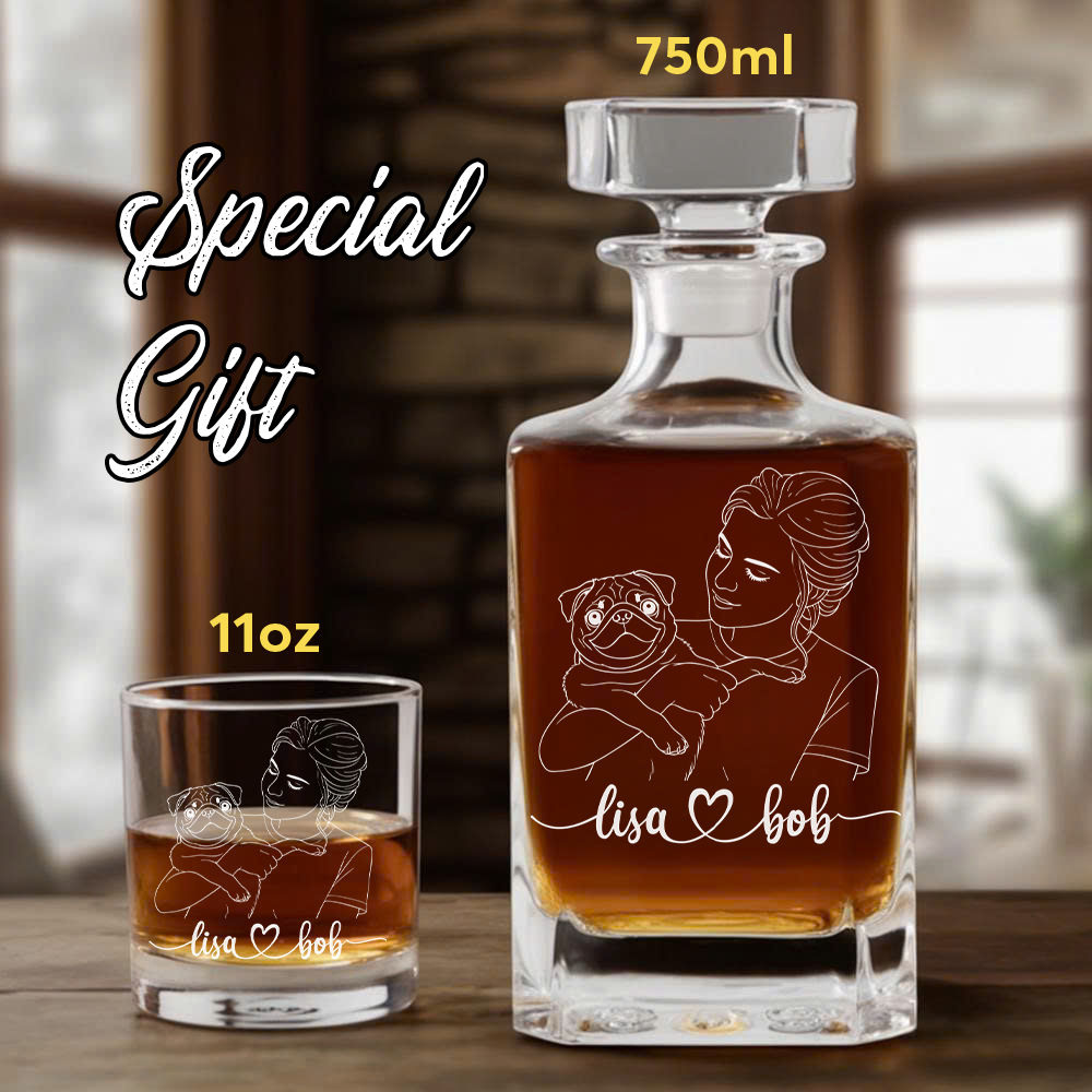 Custom Dog Photo Whiskey Decanter Set + Custom Name Glass Gift for Dog Lovers THUC99DP08