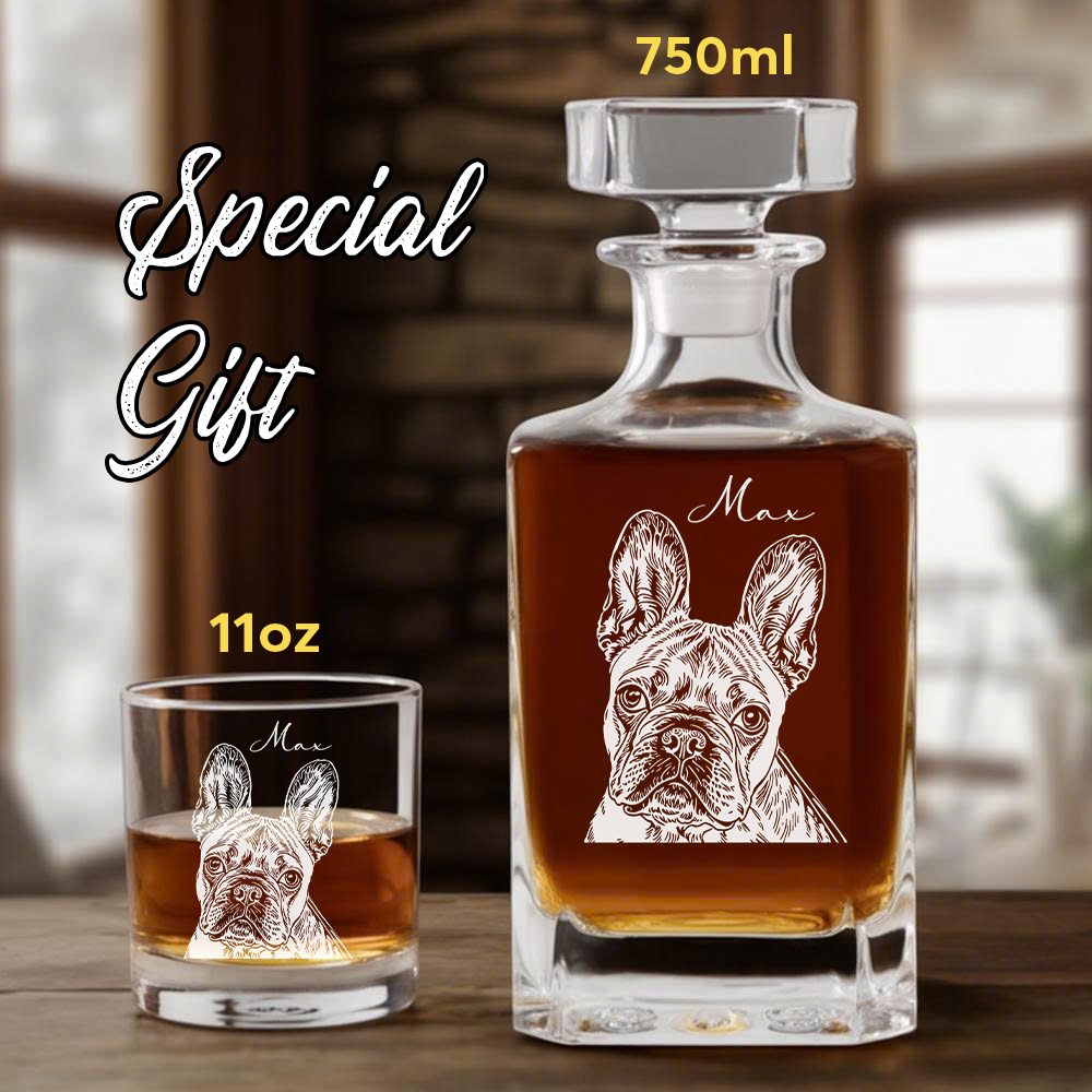 Custom Photo Dog Whiskey Decanter Set + Custom Name Whiskey Glass 11oz Personalized Dog Lover THUC99DP02