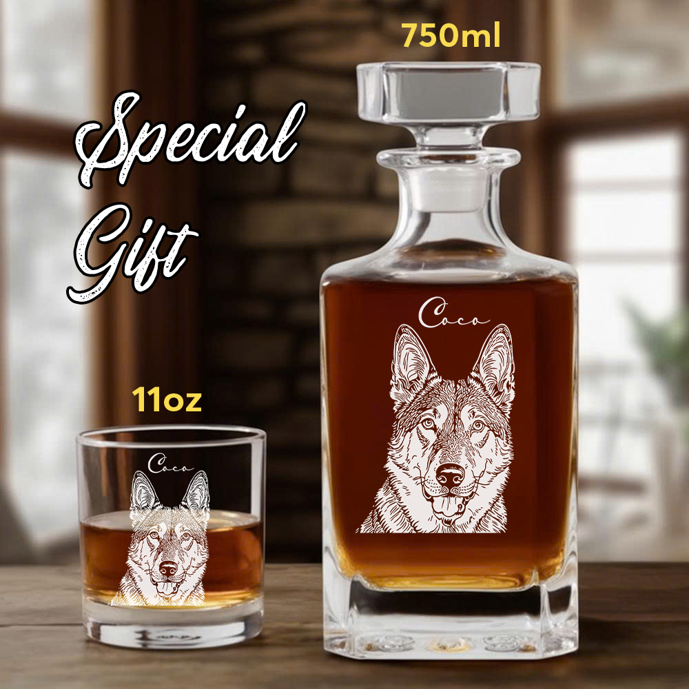 Custom Dog Photo Whiskey Decanter Set – Personalized Pet Name Glass 11oz – Gift for Dog Mom & Dad  THUC99DP04