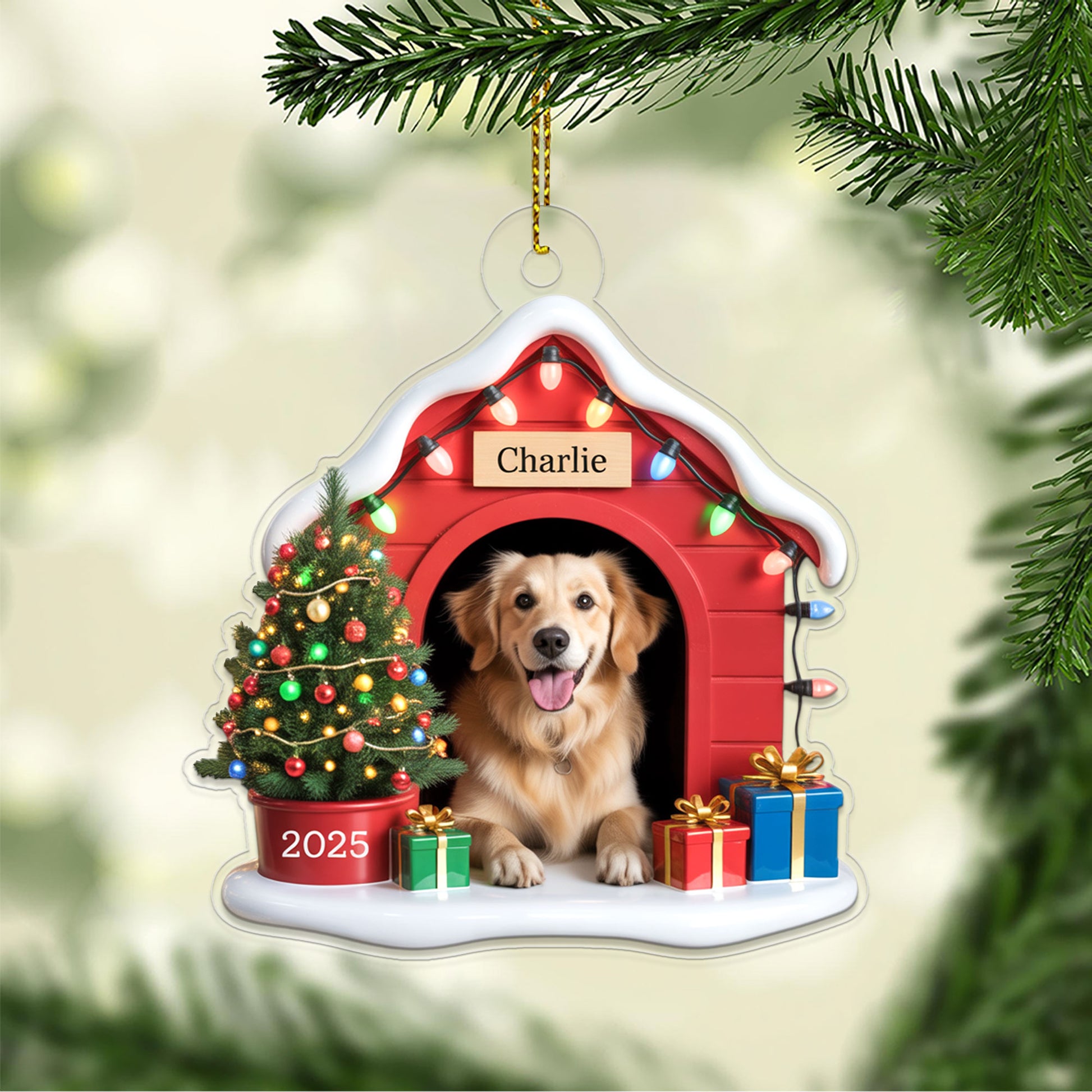 Custom Photo Pet Ornament With Christmas Lights & Gifts, Personalized Gift for Dog Lovers, Holiday Pet Decor