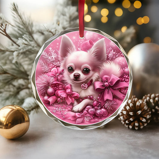 Chihuahua Dog Pink Christmas Design 1 Glass Ornament
