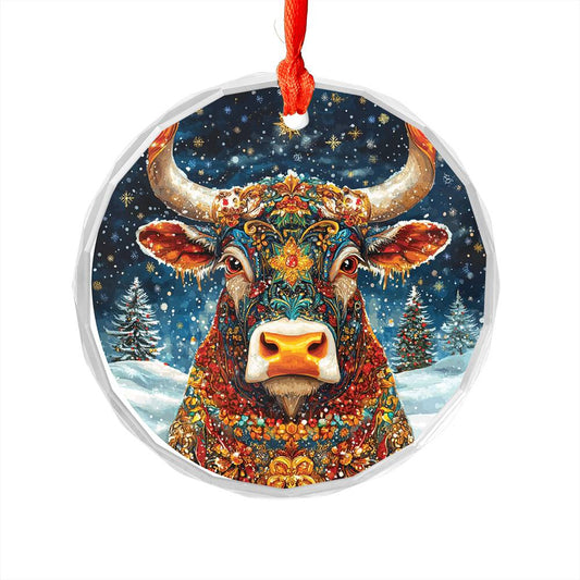 Beautiful Bull Christmas Night Design 3 Glass Ornament