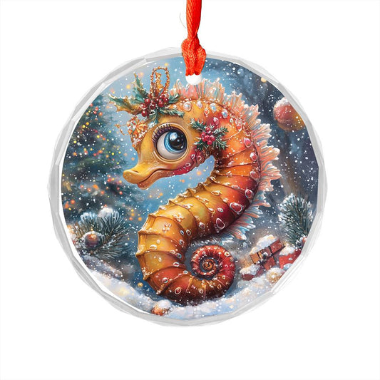 Beautiful Angus Seahorse Christmas Night Design 2 Glass Ornament