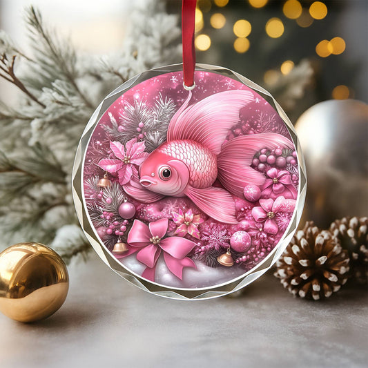 Goldfish Pink Christmas Design 3 Glass Ornament