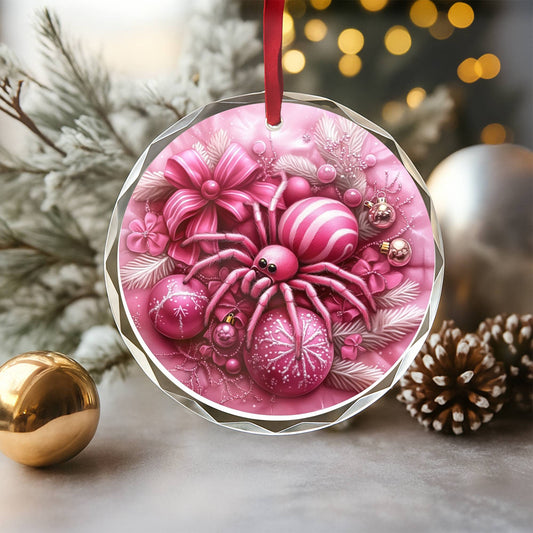 Spider Pink Christmas Design 1 Glass Ornament