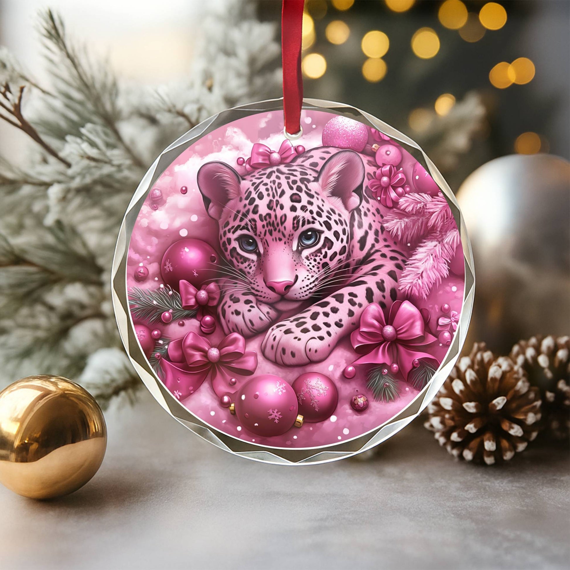 Jaguar Pink Christmas Design 2 Glass Ornament