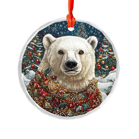 Beautiful Angus Polar Bear Christmas Night Design 3 Glass Ornament