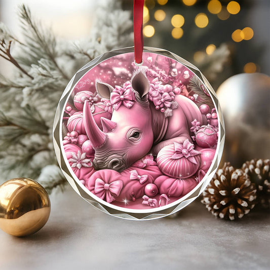 Rhino Pink Christmas Design 3 Glass Ornament