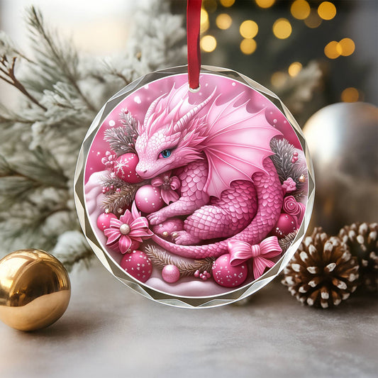 Dragon Pink Christmas Design 3 Glass Ornament