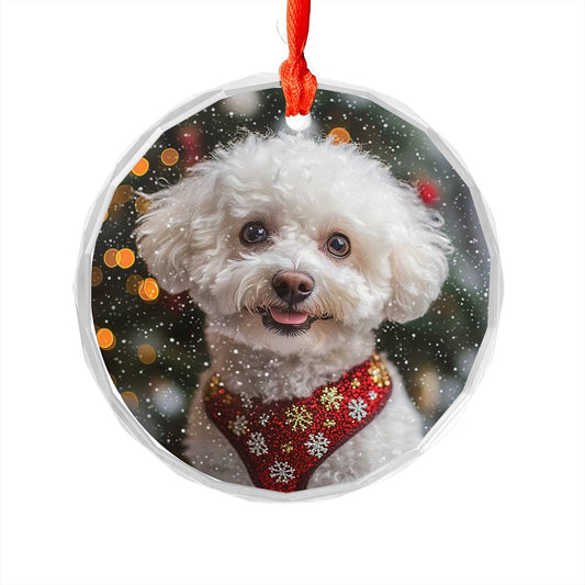 Beautiful Bichon Frise Dog Christmas Night Design 3 Glass Ornament